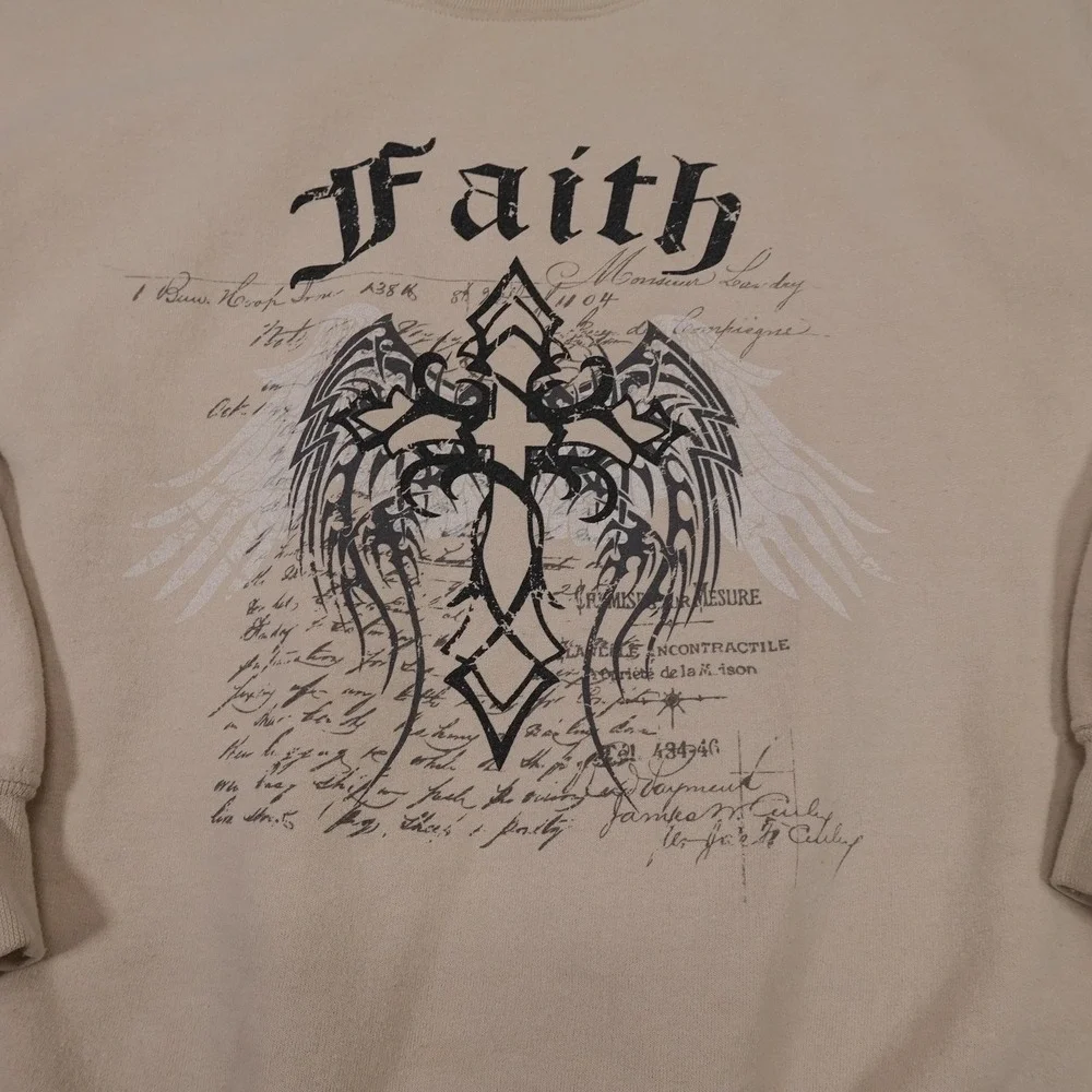 Gildan Sweatshirt Mens Small Beige Faith Cross‎ Wings Graphic Fleece Pullover